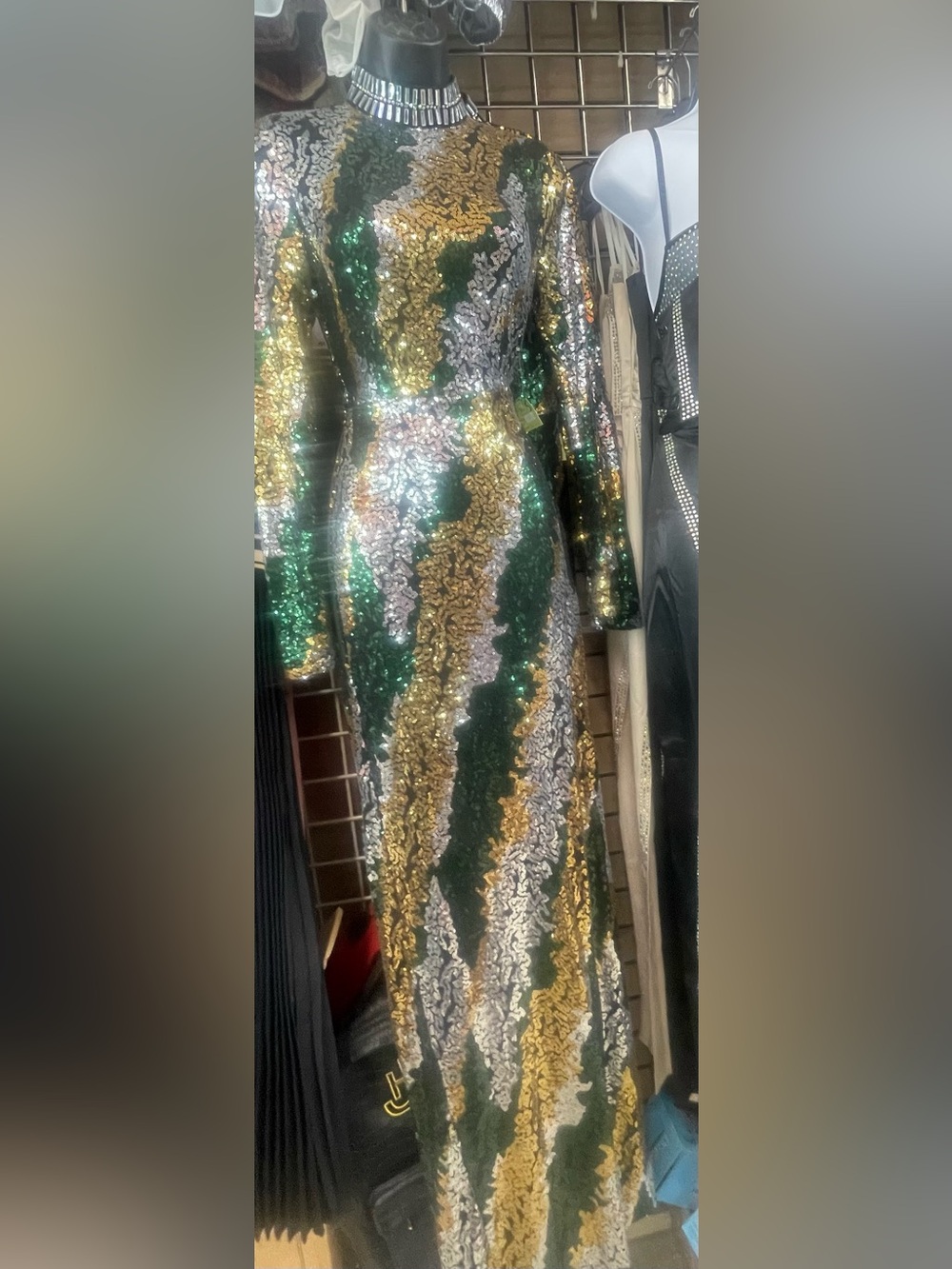 Sequin-Striped Green, Gold & Silver Long Sleeve Evening Gown